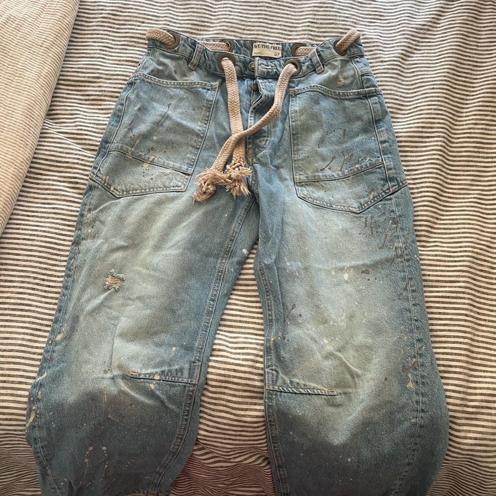 We The Free Washed Blue Boyfriend Jeans with Rope Tie - Picture 3 of 6